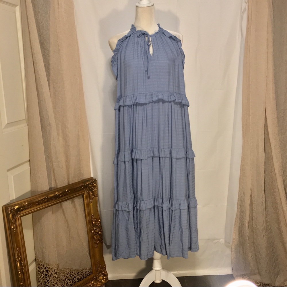 LABELLA MAXI Dress Chambray Blue w/ ruffle trim side pockets SIZE LARGE